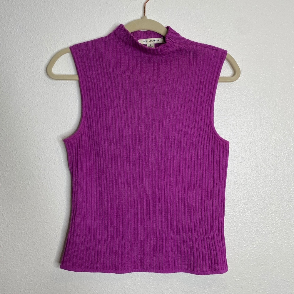 Vintage St John Collection Purple Knit Sleeveless Mock Neck Top Petite Women